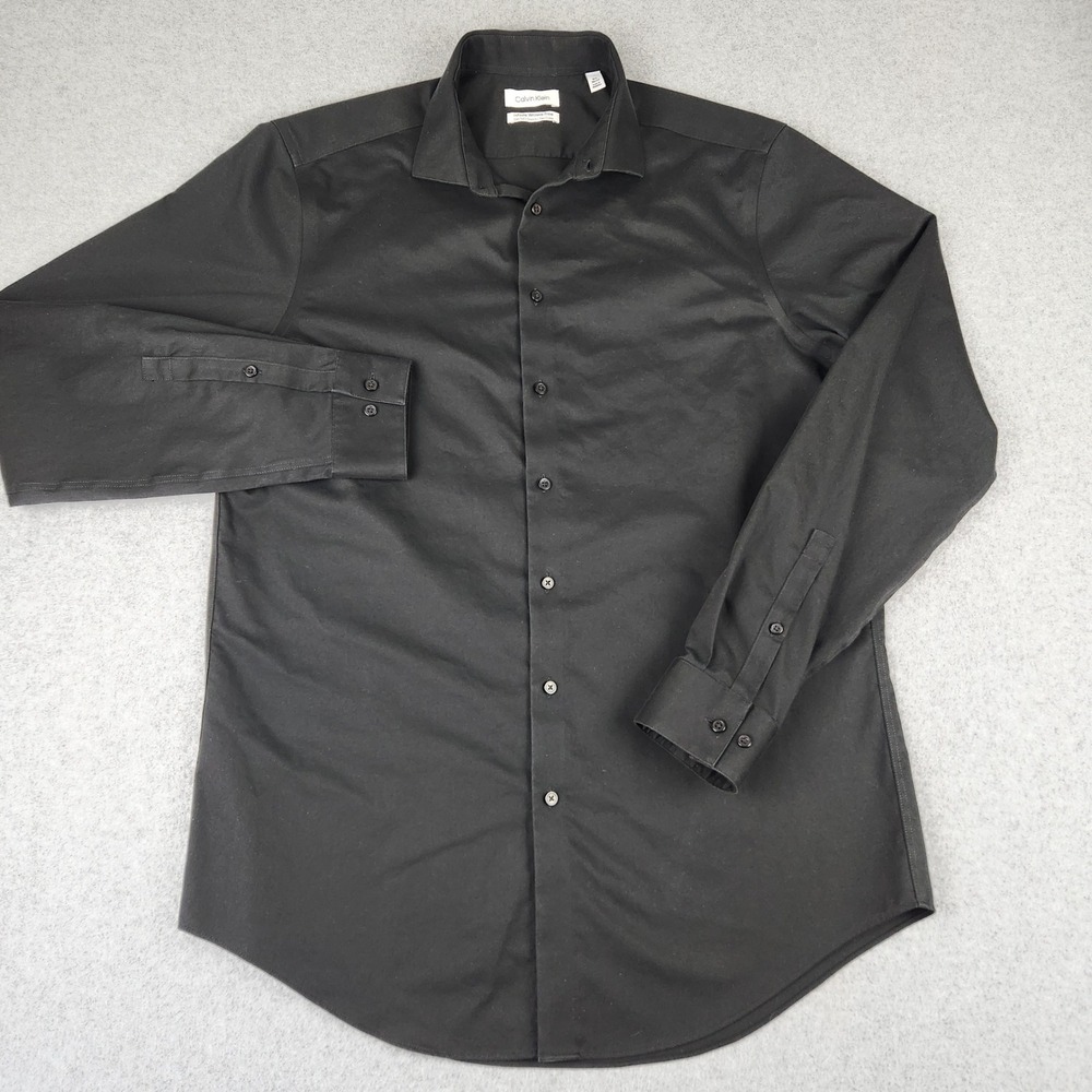 Calvin Klein Dress Shirt Men 16.5 36/37 Black Wrinkle Free Slim Tall Stretch
